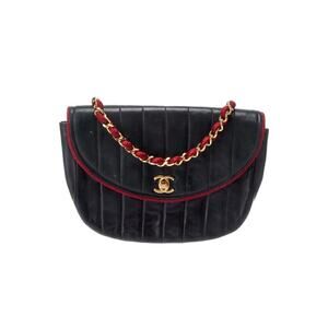 CHANEL Half moon chain Shoulder Bag Lambskin Black Red Trim & Gold Vintage